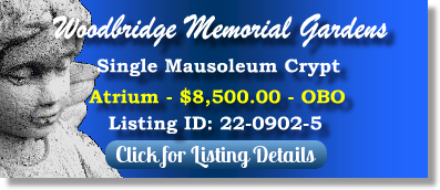 Single Crypt for Sale $8500! Woodbridge Memorial Gardens Woodbridge, NJ Atrium The Cemetery Exchange 22-0902-5