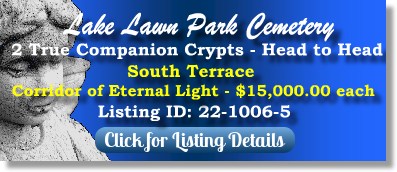 2 True Companion Crypts for Sale $15Kea! Lake Lawn Park Cemetery New Orleans, LA Eternal Light The Cemetery Exchange 22-1006-5