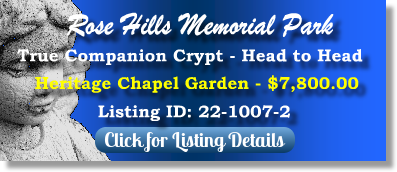 True Companion Crypt for Sale $7800! Rose Hills Memorial Park Putnam Valley, NY Heritage Chapel The Cemetery Exchange 22-1007-2