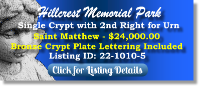 Single Crypt for Sale $24K! Hillcrest Memorial Park Dallas, TX Saint Matthew The Cemetery Exchange 22-1010-5
