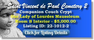 Couch Companion Crypt for Sale $5K! Saint Vincent de Paul Cemetery 2 New Orleans, LA Our Lady of Lourdes The Cemetery Exchange 22-1012-2