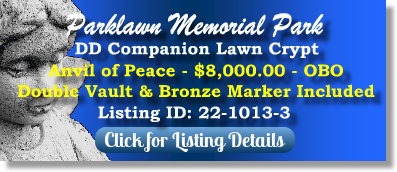 DD Companion Lawn Crypt for Sale $8K! Parklawn Memorial Park Rockville, MD Anvil of Peace The Cemetery Exchange 22-1013-3