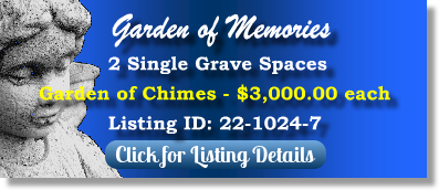 2 Single Grave Spaces for Sale $3Kea! Garden of Memories Tampa, FL Chimes The Cemetery Exchange 22-1024-7