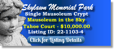 Single Crypt for Sale $10K! Skylawn Memorial Park San Mateo, CA Mausoleum in the Sky The Cemetery Exchange 22-1103-4