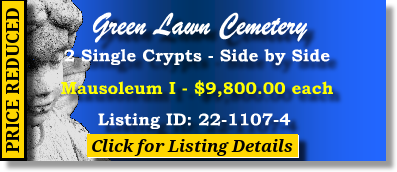 2 Single Crypts $9800ea! Green Lawn Cemetery Roswell, GA Mausoleum I The Cemetery Exchange 22-1107-4