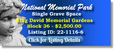 Single Grave Space for Sale $2500! Nationial Memorial Park Falls Church, VA King David The Cemetery Exchange 22-1116-6