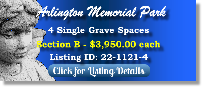 4 Single Grave Spaces for Sale $3950ea! Arlington Memorial Park Sandy Springs, GA Section B The Cemetery Exchange 22-1121-4