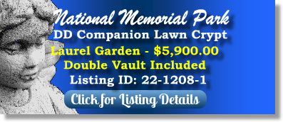 DD Companion Lawn Crypt for Sale $5900! National Memorial Park Falls Church, VA Laurel Garden The Cemetery Exchange 22-1208-1