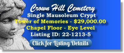 Single Crypt for Sale $29K! Crown Hill Cemetery Wheat Ridge, CO Tower of Memories The Cemetery Exchange 22-1213-5