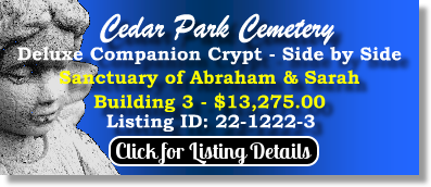 Deluxe Companion Crypt for Sale $13275! Cedar Park Cemetery Paramus, NJ Abraham & Sarah The Cemetery Exchange 22-1222-3
