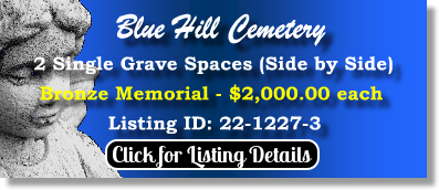 2 Single Grave Spaces for Sale $2Kea! Blue Hill Cemetery Braintree, MA Bronze Memorial The Cemetery Exchange 22-1227-3