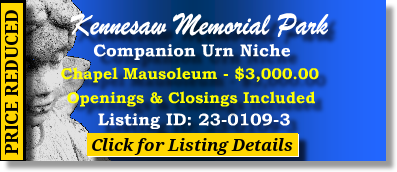 Companion Urn Niche $3K! Kennesaw Memorial Park Marietta, GA Chapel Mausoleum The Cemetery Exchange 23-0109-3