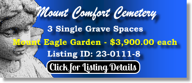 3 Single Grave Spaces for Sale $3900ea! Mount Comfort Cemetery Alexandria, VA Mount Eagle The Cemetery Exchange 23-0111-8