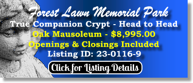 True Companion Crypt for Sale $8995! Forest Lawn Memorial Park Erlanger, KY Oak Mausoleum The Cemetery Exchange 23-0116-9
