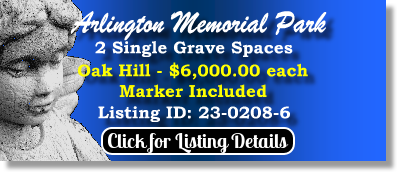 2 Single Grave Spaces for Sale $6Kea! Arlington Memorial Park Sandy Springs, GA Oak Hill The Cemetery Exchange 23-0208-6
