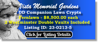 2 DD Companion Lawn Crypts for Sale $8500ea! Vista Memorial Gardens Miami Lake, FL Fernlawn The Cemetery Exchange 23-0213-5