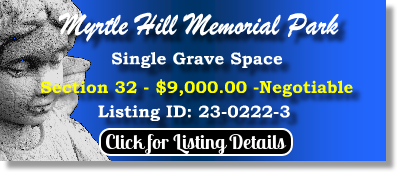Single Grave Space for Sale $9K! Myrtle Hill Memorial Park Tampa, FL Section 32 The Cemetery Exchange 23-0222-3
