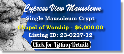 Single Crypt for Sale $6K! Cypress View Mausoleum San Diego, CA Chapel of Worship The Cemetery Exchange 23-0227-12