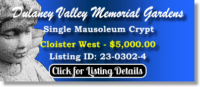 Single Crypt on Sale Now $5K! Dulaney Valley Memorial Gardens Timonium, MD Cloister West The Cemetery Exchange 23-0302-4