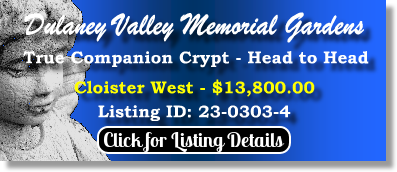 True Companion Crypt for Sale $13800! Dulaney Valley Memorial Gardens Timonium, MD Cloister West The Cemetery Exchange 23-0303-4