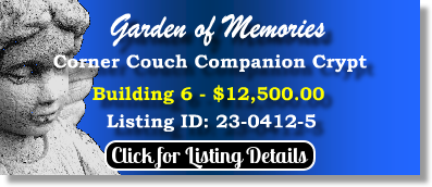 Couch Companion Crypt $12500! Garden of Memories Township of Washington, NJ Building 6 The Cemetery Exchange 23-0412-5