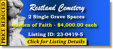 2 Single Grave Spaces $4Kea! Restland Cemetery Dallas, TX Faith The Cemetery Exchange 23-0419-5