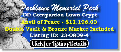 DD Companion Lawn Crypt $11196! Parklawn Memorial Park Rockville, MD Anvil of Peace The Cemetery Exchange 23-0809-4
