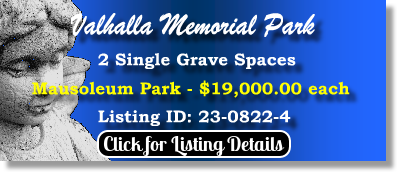 2 Single Grave Spaces $19Kea! Valhalla Memorial Park North Hollywood, CA Mausoleum Park The Cemetery Exchange 23-0822-4