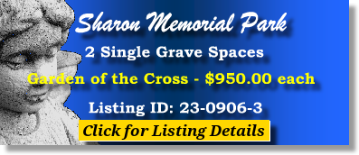 2 Single Grave Spaces $950ea! Sharon Memorial Park Charlotte, NC Cross The Cemetery Exchange 23-0906-3