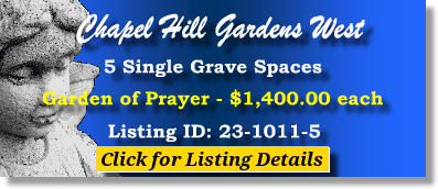 5 Single Grave Spaces $1400ea! Chapel Hill Gardens West Oakbrook Terrace, IL Prayer The Cemetery Exchange 23-1011-5
