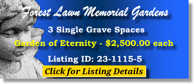 3 Single Grave Spaces $2500ea! Forest Lawn Memorial Gardens Pompoano Beach, FL Eternity The Cemetery Exchange 23-1115-5