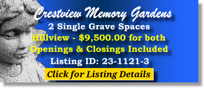 2 Single Grave Spaces $9500! Crestview Memory Gardens Gallatin, TN Hillview The Cemetery Exchange 23-111-3