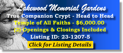 True Companion Crypt $6K! Lakewood Memorial Gardens Cheswick, PA Temple of all Faiths The Cemetery Exchange 23-1207-5