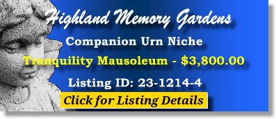 Companion Urn Niche $3800! Highland Memory Gardens Apopka, FL Tranquility The Cemetery Exchange 23-1214-4