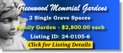 2 Single Grave Spaces $2800ea! Greenwood Memorial Gardens Richmond, VA Family The Cemetery Exchange 24-0105-6
