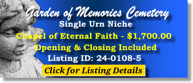 Single Urn Niche $1700! Garden of Memories Cemetery Metairie, LA Eternal Faith The Cemetery Exchange 24-0108-5