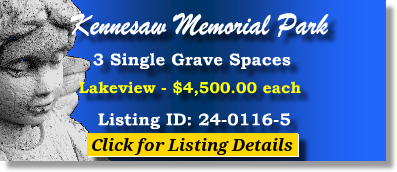 3 Single Grave Spaces $4500ea! Kennesaw Memorial Park Marietta, GA Lakeview The Cemetery Exchange 24-0116-5