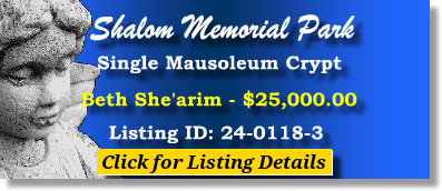 Single Crypt $25K! Shalom Memorial Park Arlington Heights, IL Beth She'arim The Cemetery Exchange 24-0118-3