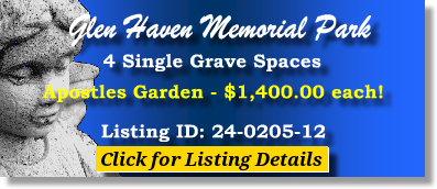 4 Single Grave Spaces $1400ea! Glen Haven Memorial Park Glen Burnie, MD Apostles The Cemetery Exchange 24-0205-12