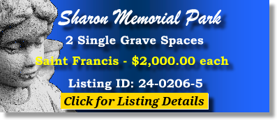 2 Single Grave Spaces $2Kea! Sharon Memorial Park Charlotte, NC Saint Francis The Cemetery Exchange 24-0206-5