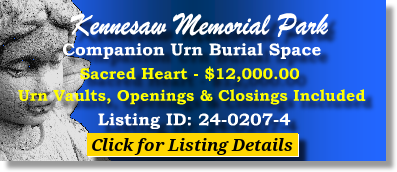 Companion Urn Burial Space $12K! Kennesaw Memorial Park Marietta, GA Sacred Heart The Cemetery Exchange 24-0207-4