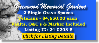 2 Single Grave Spaces $4650ea! Greenwood Memorial Gardens Richmond, VA Veterans The Cemetery Exchange 24-0208-5