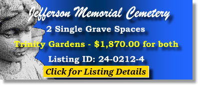 2 Single Grave Spaces $1870! Jefferson Memorial Cemetery Pittsburg, PA Trinity The Cemetery Exchange 24-0212-4