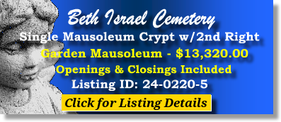 Single Crypt $13320! Beth Israel Cemetery Woodbridge, NJ Garden Mausoleum The Cemetery Exchange 24-0220-5
