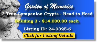 2 True Companion Crypts $14Kea! Garden of Memories Township of Washington, NJ Bldg 3 The Cemetery Exchange 24-0325-6