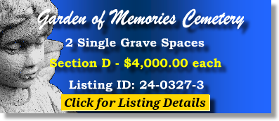 2 Single Grave Spaces $4Kea! Garden of Memories Cemetery Metairie, LA Section D The Cemetery Exchange 24-0327-3