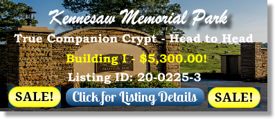 True Companion Crypt on Sale Now $5300! Kennesaw Memorial Park Marietta, GA Building I The Cemetery Exchange