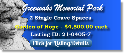2 Single Grave Spaces for Sale $4500ea! Greenoaks Memorial Park Baton Rouge, LA Garden of Hope The Cemetery Exchange