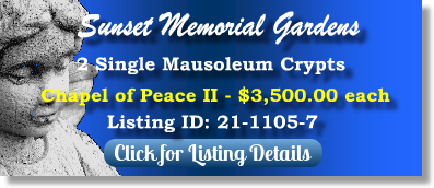 2 Single Crypts for Sale $3500ea! Sunset Memorial Gardens Frankfort, KY Peace II The Cemetery Exchange