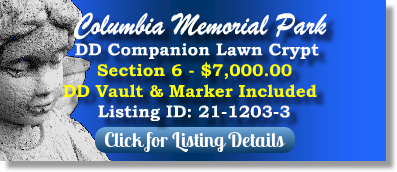 DD Companion Lawn Crypt for Sale $7K! Columbia Memorial Park Clarksville, MD Section 6 The Cemetery Exchange